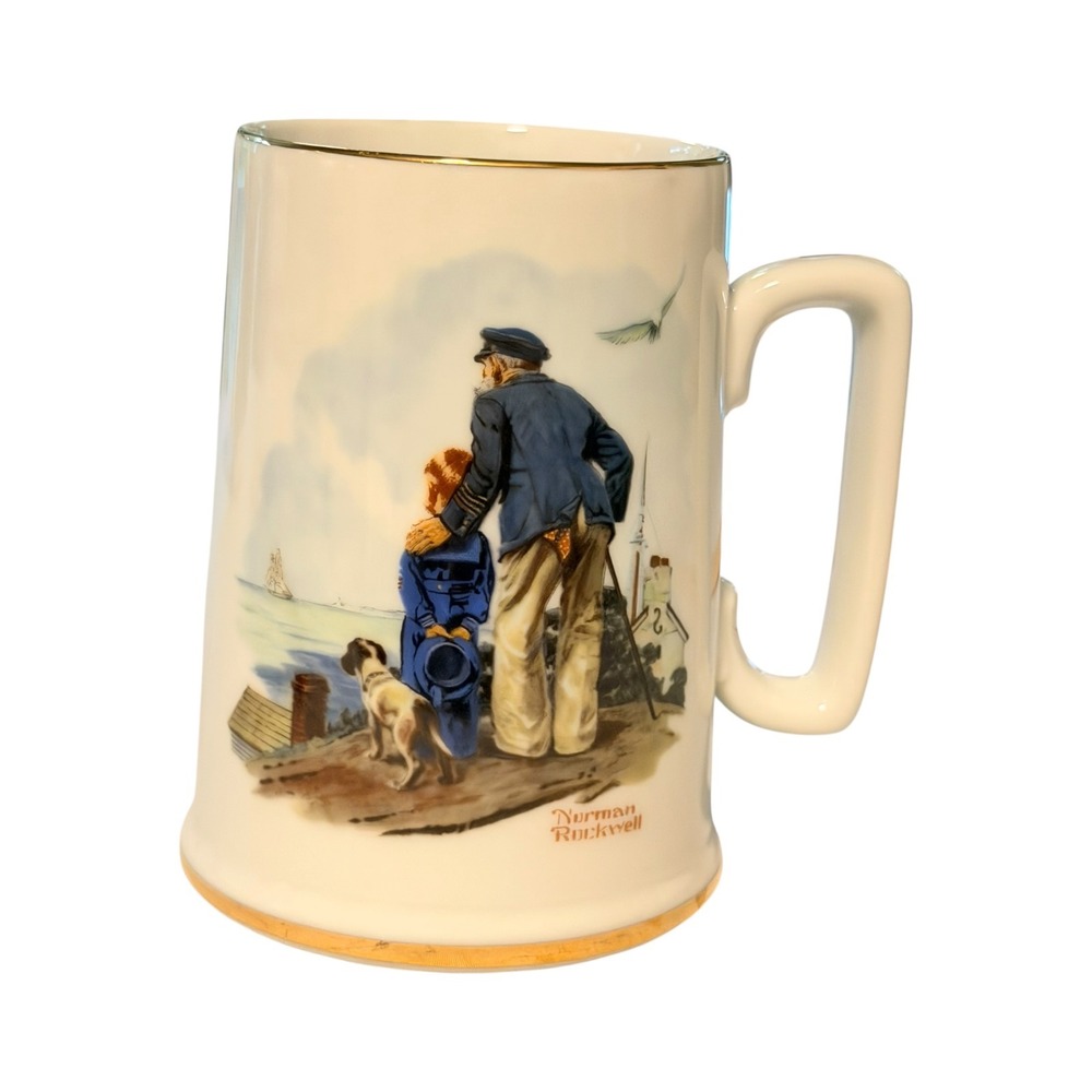 Norman Rockwell Museum Mug White Looking Out To Sea Ceramic Gold Trim 1985